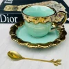 Cups & Saucers Teal Green Gold Edging (set of six)