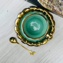 Cups & Saucers Teal Green Gold Edging (set of six)