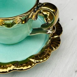 Cups & Saucers Teal Green Gold Edging (set of six)