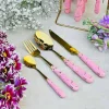 Cutlery Set 24 Piece Gold w/ Ceramic Marble Hilt and Stand-Pink