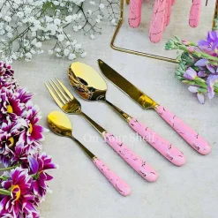 Cutlery Set 24 Piece Gold w/ Ceramic Marble Hilt and Stand-Pink