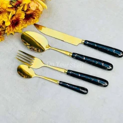 Cutlery Set 24 Piece Gold w/ Ceramic Marble Hilt and Stand-Black