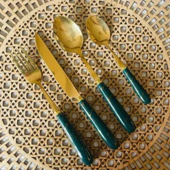 Cutlery Set 24 Piece Gold w Ceramic Marble Hilt and Stand-Teal