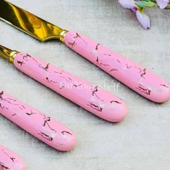 Cutlery Set 24 Piece Gold w/ Ceramic Marble Hilt and Stand-Pink