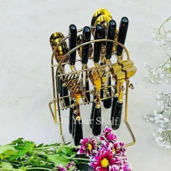 Cutlery Set 24 Piece Gold w/ Ceramic Marble Hilt and Stand-Black