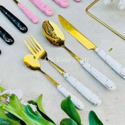 Cutlery Set 24 Piece Gold w/ Ceramic Marble Hilt and Stand-White