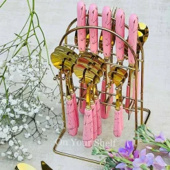 Cutlery Set 24 Piece Gold w/ Ceramic Marble Hilt and Stand-Pink