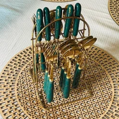 Cutlery Set 24 Piece Gold w Ceramic Marble Hilt and Stand-Teal