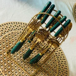 Cutlery Set 24 Piece Gold w Ceramic Marble Hilt and Stand-Teal