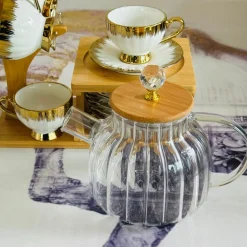Golden Winged Haven (set of six cups and saucers, teapot, wooden stand)