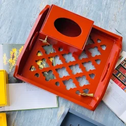 Maroon Laser Cut Tissue Box With Butterfly