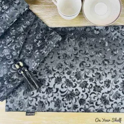 Mats Leatherette Black Floral set of 6