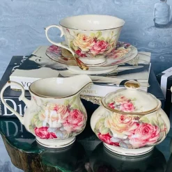24 Piece Tea Set Colourful Beige Floral