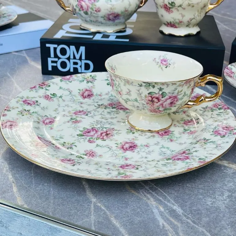 24 Piece Tea Set Cream Pink Rose