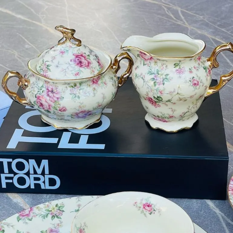 24 Piece Tea Set Cream Pink Rose