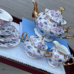 24 piece Tea Set White Pansy Love Purple