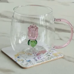 Pink Tulip Charm Glass Mug (Single Piece)