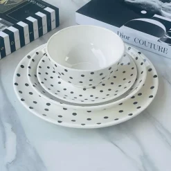 Porcelain 24 Piece Plate Set Black Polka Dot