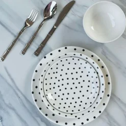 Porcelain 24 Piece Plate Set Black Polka Dot