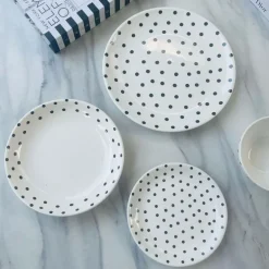 Porcelain 24 Piece Plate Set Black Polka Dot
