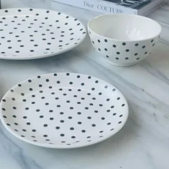 Porcelain 24 Piece Plate Set Black Polka Dot