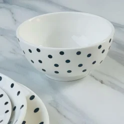 Porcelain 24 Piece Plate Set Black Polka Dot