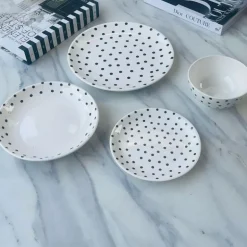 Porcelain 24 Piece Plate Set Black Polka Dot