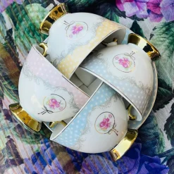 Rose Dotted Elegance: Blue Polka Tea Collection (set of six teacups and saucers)