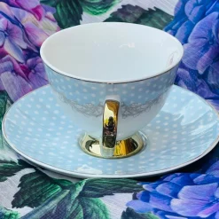 Rose Dotted Elegance: Blue Polka Tea Collection (set of six teacups and saucers)