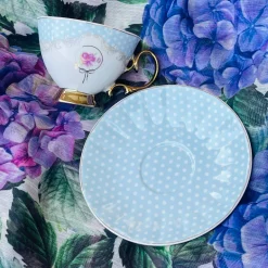 Rose Dotted Elegance: Blue Polka Tea Collection (set of six teacups and saucers)