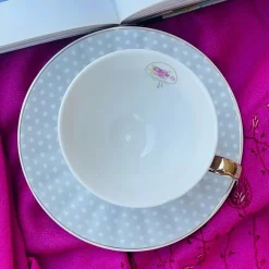Rose Dotted Elegance: Grey Polka Tea Collection (set of six teacups and saucers)