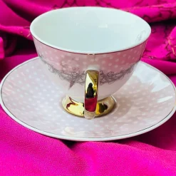 Rose Dotted Elegance: Pink Polka Tea Collection (set of six teacups and saucers)