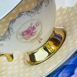 Rose Dotted Elegance: Yellow Polka Tea Collection (set of six teacups and saucers)