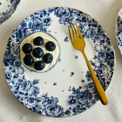 Secret Garden Blue Roses Gold Handle(75 piece dinner set for 8)