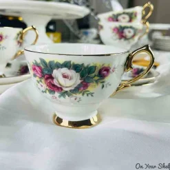 Secret Garden Tea Cups & Saucers-White & Pink Roses