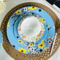 Sky Blue With Yellow Floral 18 Piece Plate Set