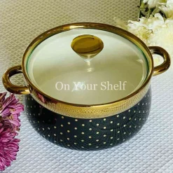 Taureen Serving Pot w/Glass Lid and Gold Polka Dots-Black