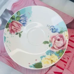 Tea Cup and Saucers Daulton Roses Pink & Blue Set of Six